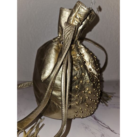 Viva Of California Gold Leather Studded Tassels Vintage Bucket Handbag 11x10x5 - Picture 7 of 14